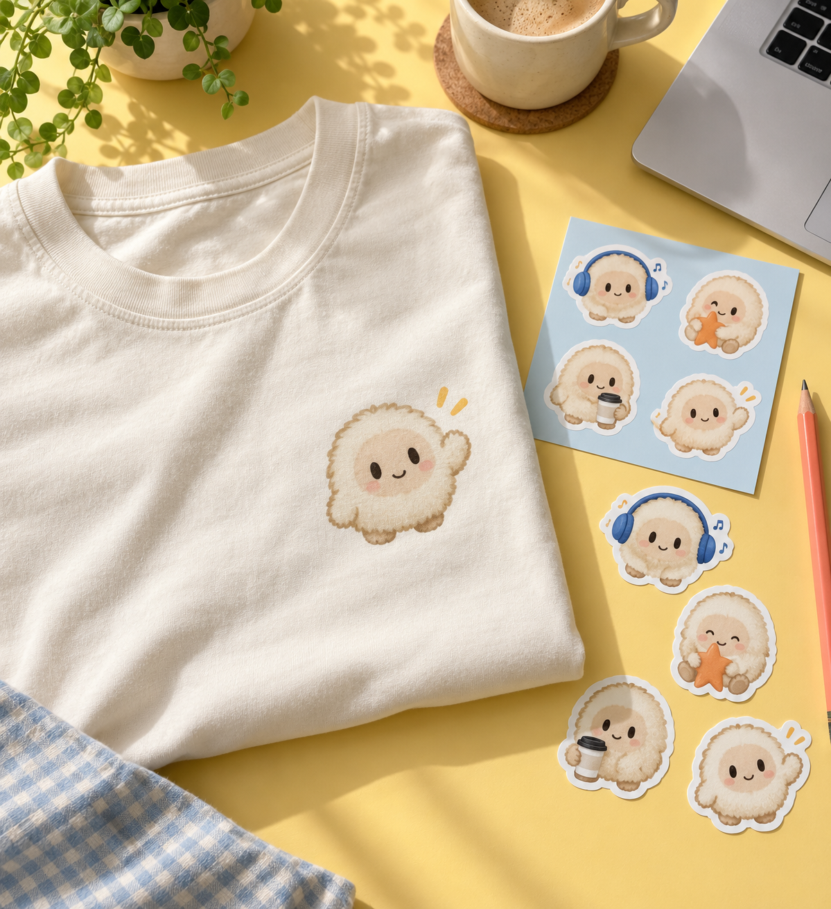 Muse-inspired stickers and an ivory character tee arranged on a sunny yellow desk